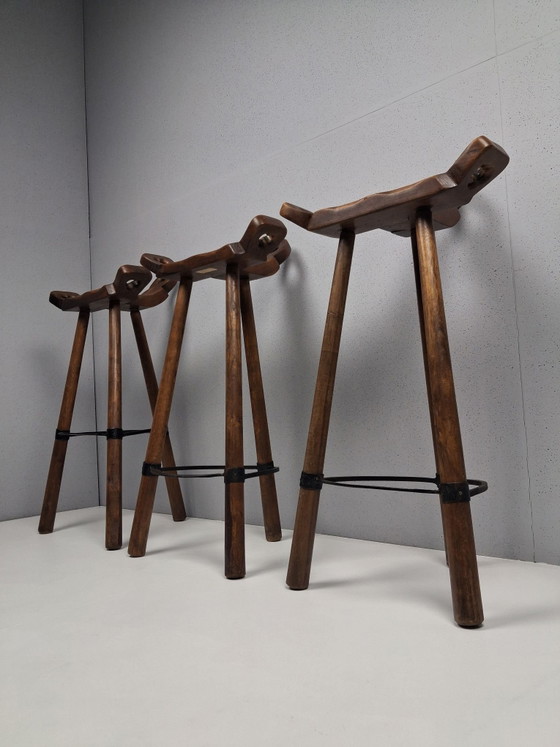 3 x Vintage Brutalist Barstools, Spain 1960s, Merk onbekend, Metal, Wood, Brown (photo 10 of 10)