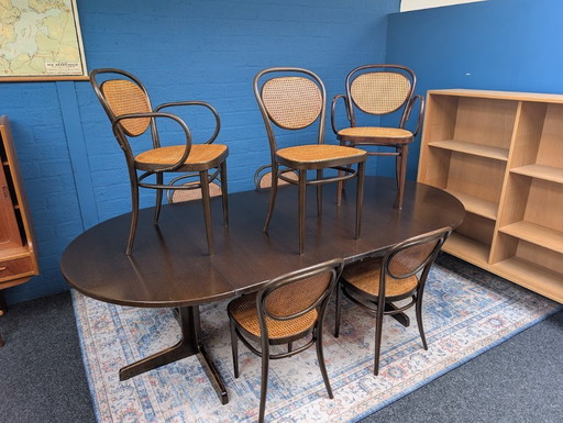Vintage dining set with round dining table and rattan chairs, Thonet, 1960s