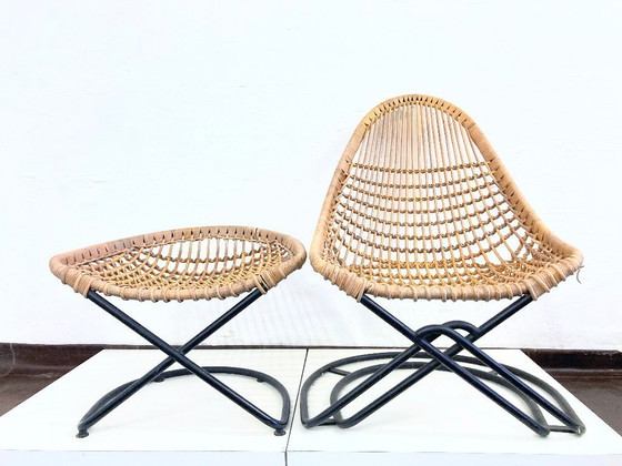Image 1 of 2 armchairs with stool in rattan 60s design