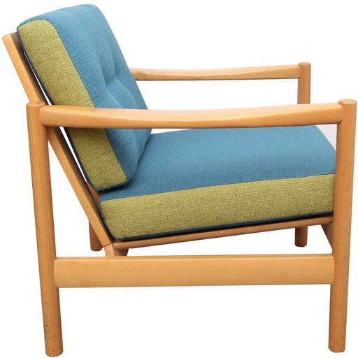 Fauteuil vintage en bois massif et tissu bleu et vert, 1960