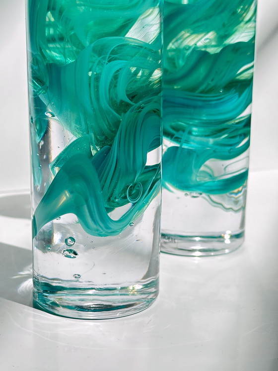 Image 1 of Kosta Boda Paire de bougeoirs Verre Atoll Turquoise Vert menthe Anna Ehrner Massive Swirl