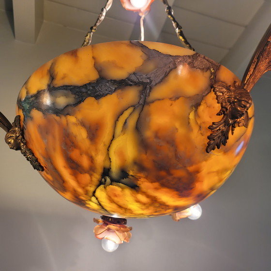 Image 1 of Art-Nouveau Chandelier Ca. 1920 - Alabaster & Glass