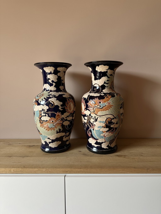 Unique Set of Chinese Ceramic XL Vases - Dragon Design