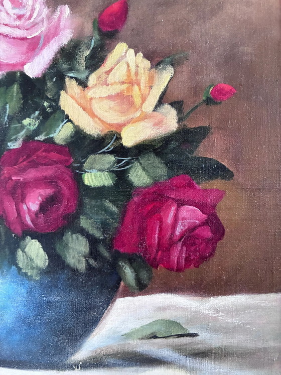 Image 1 of Peinture à l'huile originale vintage représentant des roses, signée.