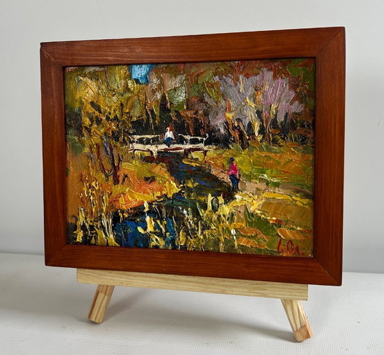 Image 1 of Original Oil Painting Autumn Bridge Landscape Near a quiet river
