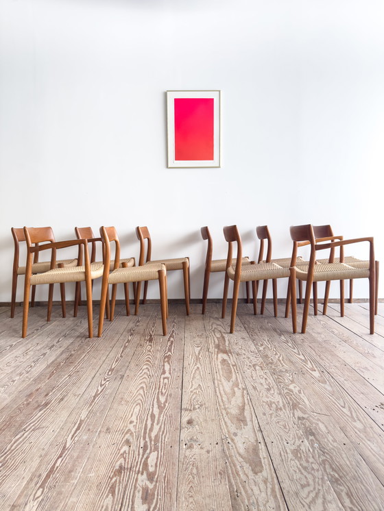 Image 1 of Mid Century Deense Teakhouten Eetkamerstoelen #57 & 77 door Niels O. Møller, J. L. Moller, Set van 10