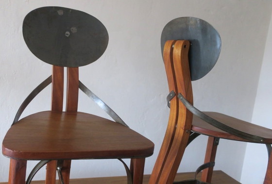 Image 1 of Brutalistische 6 Stühle und Esstisch aus Teakholz und patiniertem Stahl, 1960er Jahre