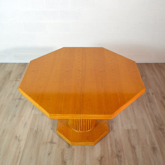 Image 1 of Octagonal dining table with wood and bamboo extension leaf 1980s