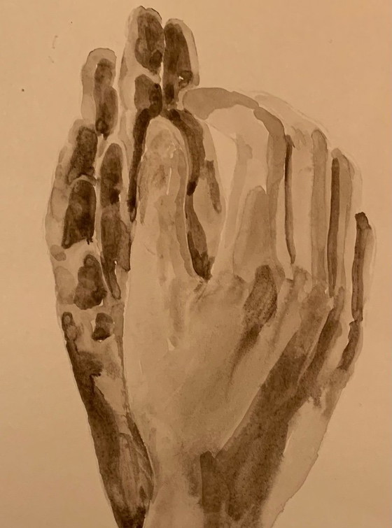 Image 1 of monochrome sepiafarbene Aquarellstudie der Statue „Die Kathedrale“ von Auguste Rodin