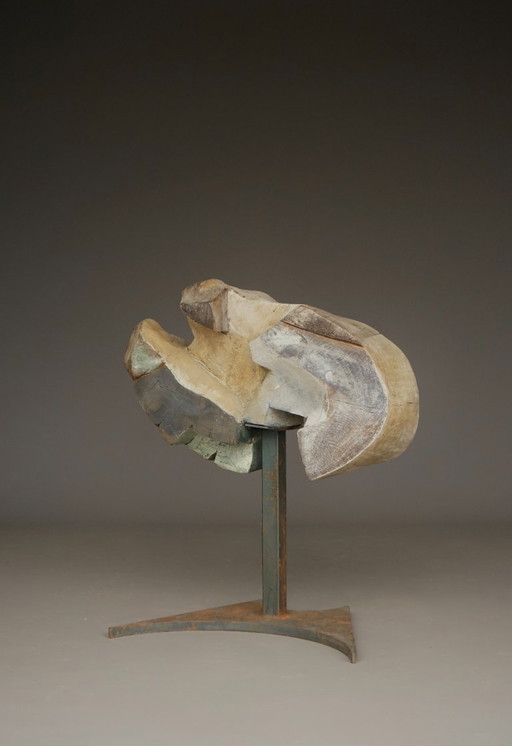 Gesneden brutalistisch abstract beeldhouwwerk, jaren 70, hout en metaal