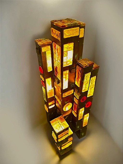 Lampadaire Longobard des années 70 – Verre Martelé & Fer Forgé, Italie