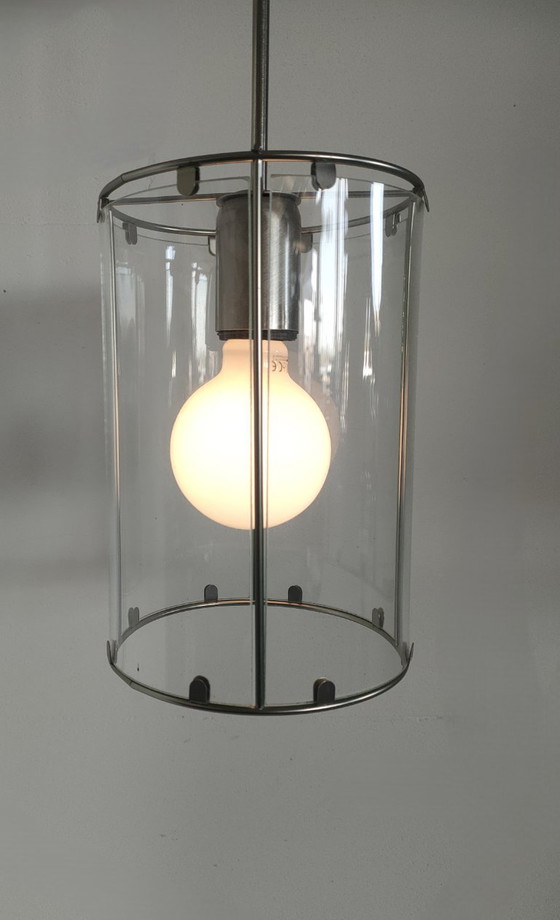 Set of 2 cylindrical Metal/glass Pendant Lights (with glass 'windows')., Ceiling lights, White (photo 8 of 10)
