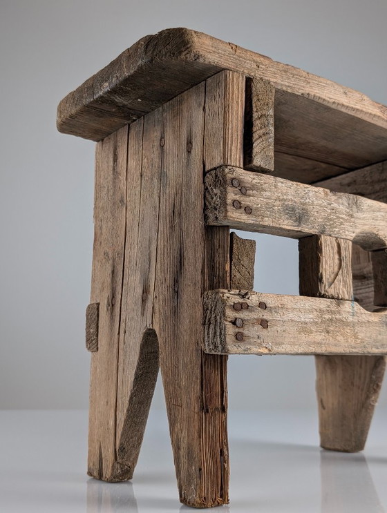 Image 1 of Antique Wood Stool, Wabi Sabi Style, Old Artisan Craftsmanship