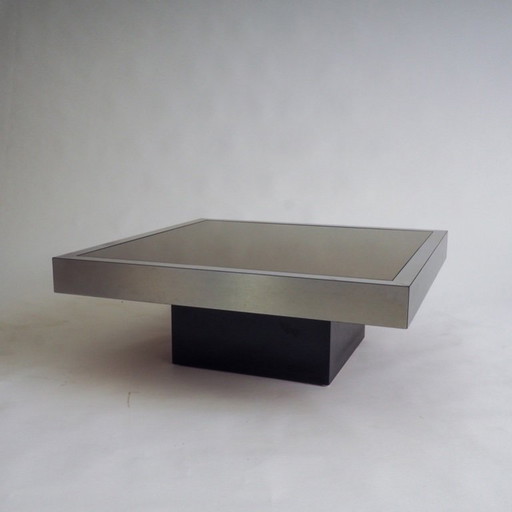 Tavolino in acciaio inox con piano in vetro marrone