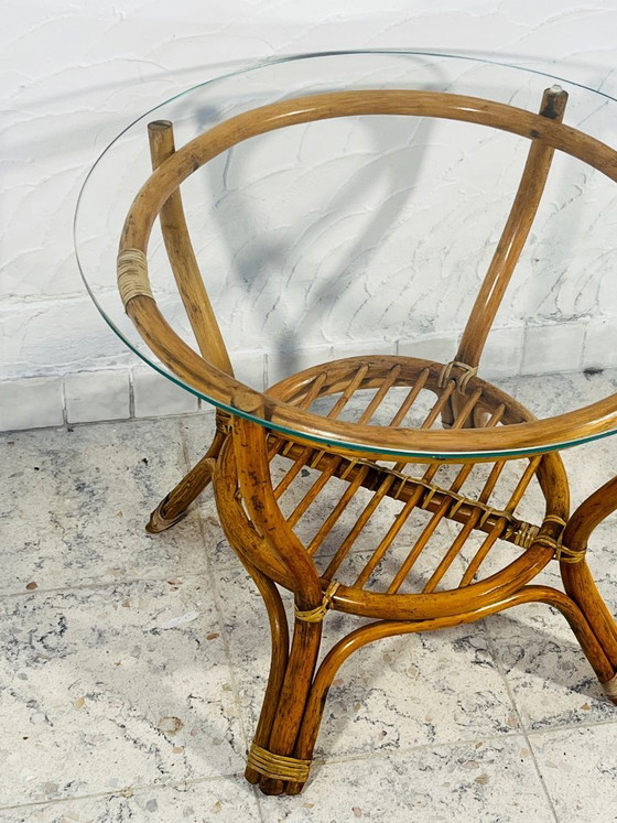 Image 1 of Vintage rattan coffee table with glass top, 1970s