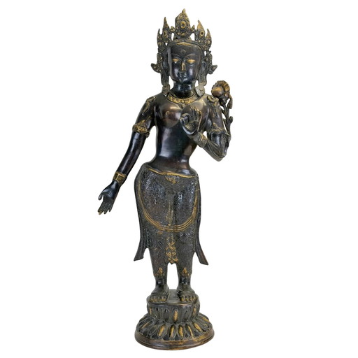 Antigua Tara Verde de Bronce Nepalí - Arte Newar - Valle de Katmandú - Siglo XIX - 68.5 cm