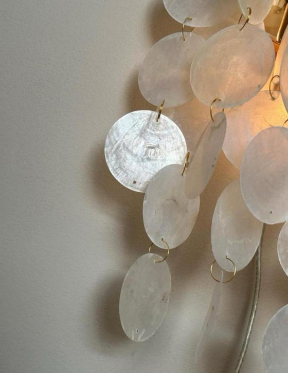 Image 1 of Set van 2 Capiz Schelpen Wandlampen Parelmoer Opaline Goud Frame