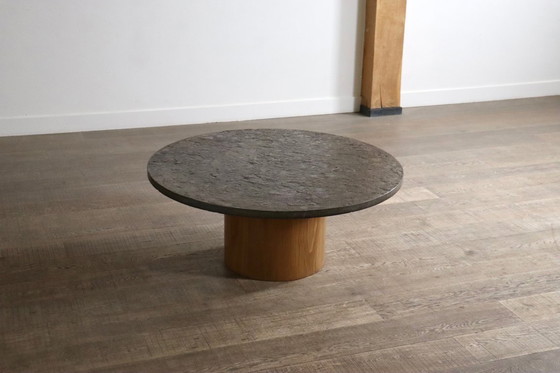 Image 1 of Tavolino da caffè di Peter Draenert Studios in pietra fossile e rovere, Germania, anni '70