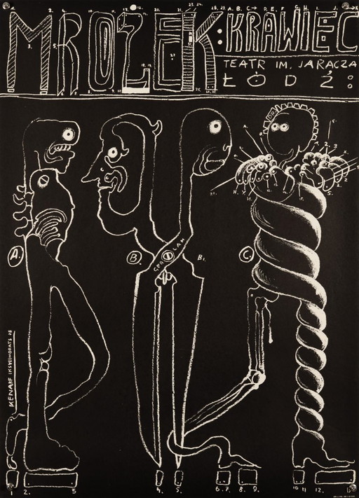 Mrozek Krawiec – 1978 – Póster de teatro vintage original de Kenarf Iksyeiworats – Moderno de mediados de siglo – 81 x 58 cm