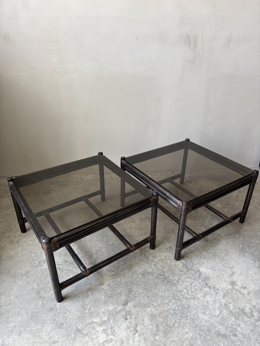 2x bamboe salontafel / bijzettafel, 70s