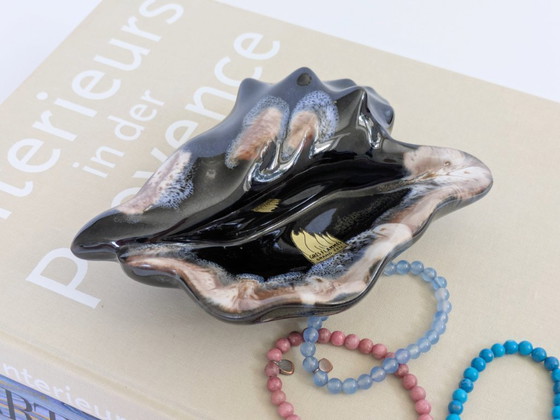 Image 1 of 1960s Vallauris Style Seashell Dish, Midcentury Fat Lava Glaze, Black and Blue