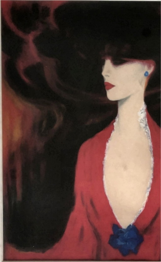 Art Déco Grand Tableau Portrait Femme Gouache Signée C Janse 68x52 cm