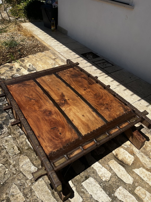 Tavolo Da Carro Indiano in Legno Massiccio e Ferro Battuto 