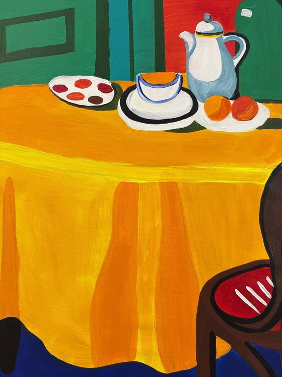 Image 1 of Pintura acrílica del artista E. García "El mantel amarillo" 100x70 cm