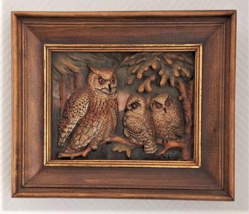 Anri Gilde houtsnede drie uiltjes van Carl Spitzweg