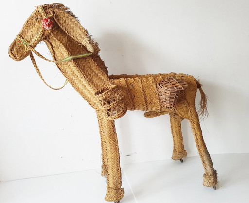 Esel-Pflanzgefäßständer auf Rädern, Vintage 1950er Jahre, Rattan, Weide, Stroh