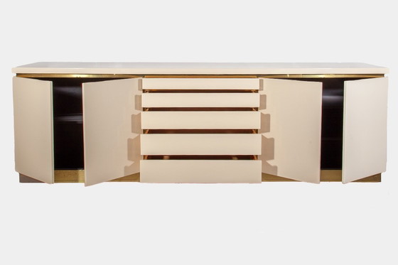 Image 1 of White Lacquer and Brass Sideboard by Jean Claude Mahey, 1980s