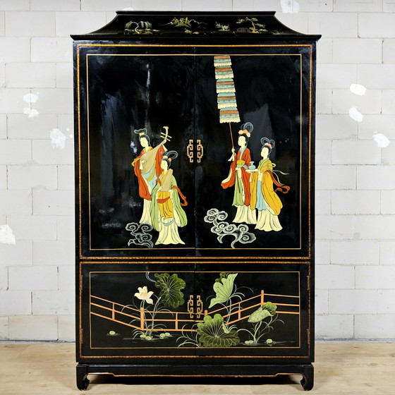 Image 1 of Vintage Chinese Pagoda kast tradioneel tafereel (bohemian / oosterse kast) tv kast