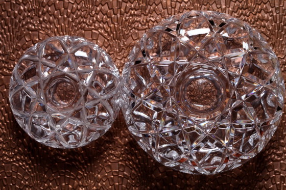 Image 1 of Set van 2 vintage kristallen glazen doosjes: handgemaakt met geometrisch motief, RCR Italië jaren 70