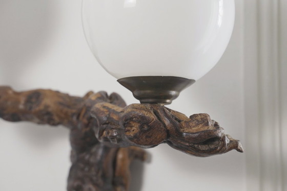 Image 1 of  Vintage Driftwood Wall Lamp Double Opaline Globe Sconce Vine Root Light Fixture Organic Brutalist Lighting Handmade Wall Light 