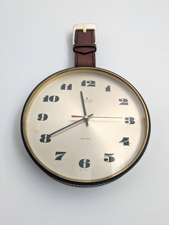 Image 1 of Junghans ATO-MAT clock, brass, leather frame, 1960s design