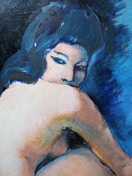 Image 1 of Large painting of a nude woman from behind, modern oil on panel, vintage style