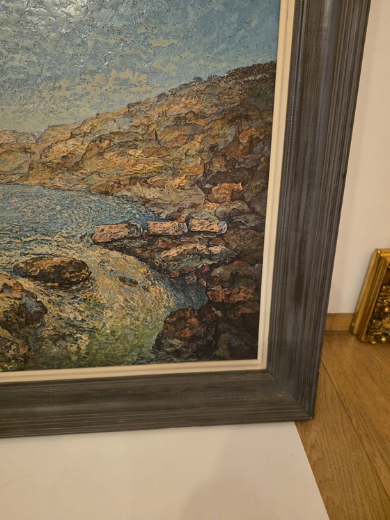 Paesaggio costiero mediterraneo suggestivo, J. Keustermans (1967), Arte, Legno, Tela, Blu (foto 7 di 15)
