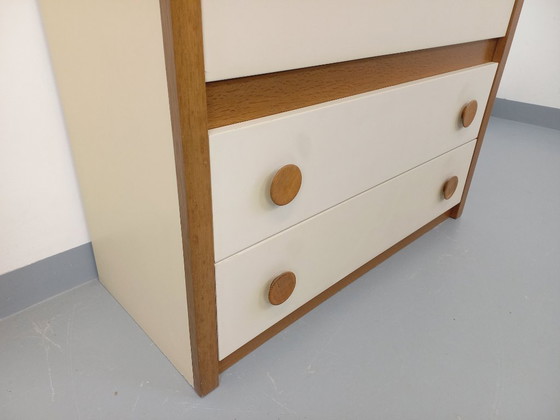 Image 1 of Secrétaire meuble de rangement vintage en bois de chêne et mélaminé blanc écru des années 70