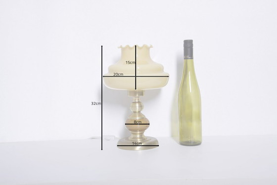 Image 1 of Lampe en laiton, céramique, abat-jour en verre crème doré, années 1970, J Vintage