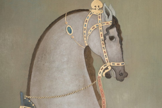 Image 1 of Painted canvas depicting an Indian horse in profile. Contemporary work.