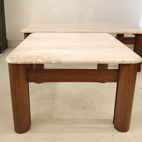 Image 1 of Brutalist coffee table travertine and wenge wood