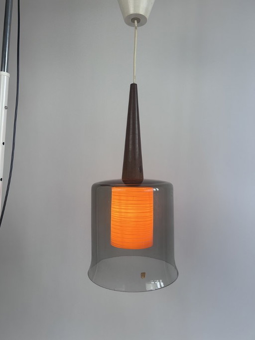 uspension vintage Philips orange & smoked glass - wood, Netherlands