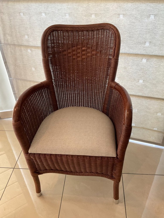 Rattanmöbel Runder Ausziehbarer Tisch Und 6 Passende Stühle – TABU, Esszimmergarnitur, Textile (photo 4 of 7)