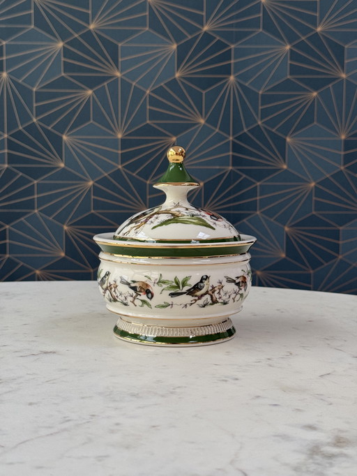 Fiorentine Italienische Porzellan Bonbonniere, handdekoriert, Vögel und Goldakzente