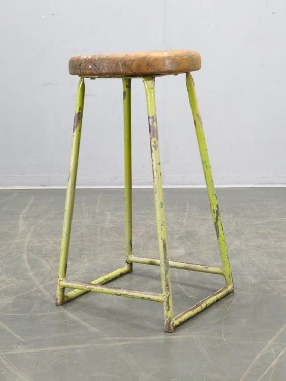 Image 1 of 1940s Czech Industrial Stool with Pine Seat and Green Patina