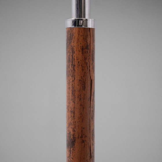 Image 1 of Vloerlamp van chroom en teakhout met zijden kap.