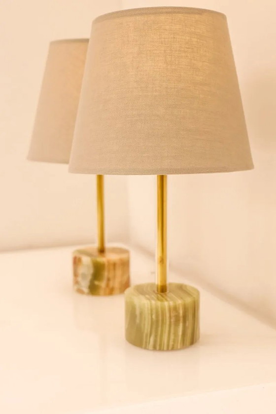 Image 1 of Mid-century modern Italian onyx and brass table lamps, set of 2
