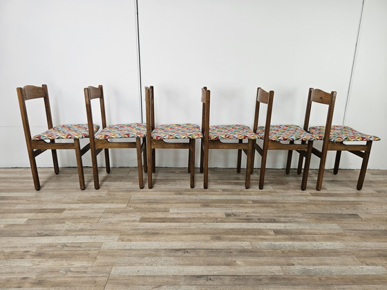 Image 1 of Beuken eetkamerstoelen met geometrische zitting uit 1950