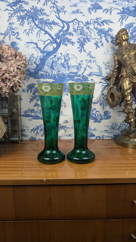 Image 1 of Coppia di vasi in vetro smaltato verde con fiori Art Nouveau di Legras-Montjoye