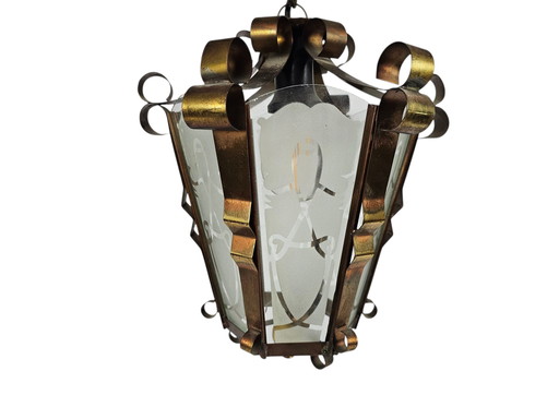 Art Deco - Lampe pendante lanterne - laiton - verre satiné